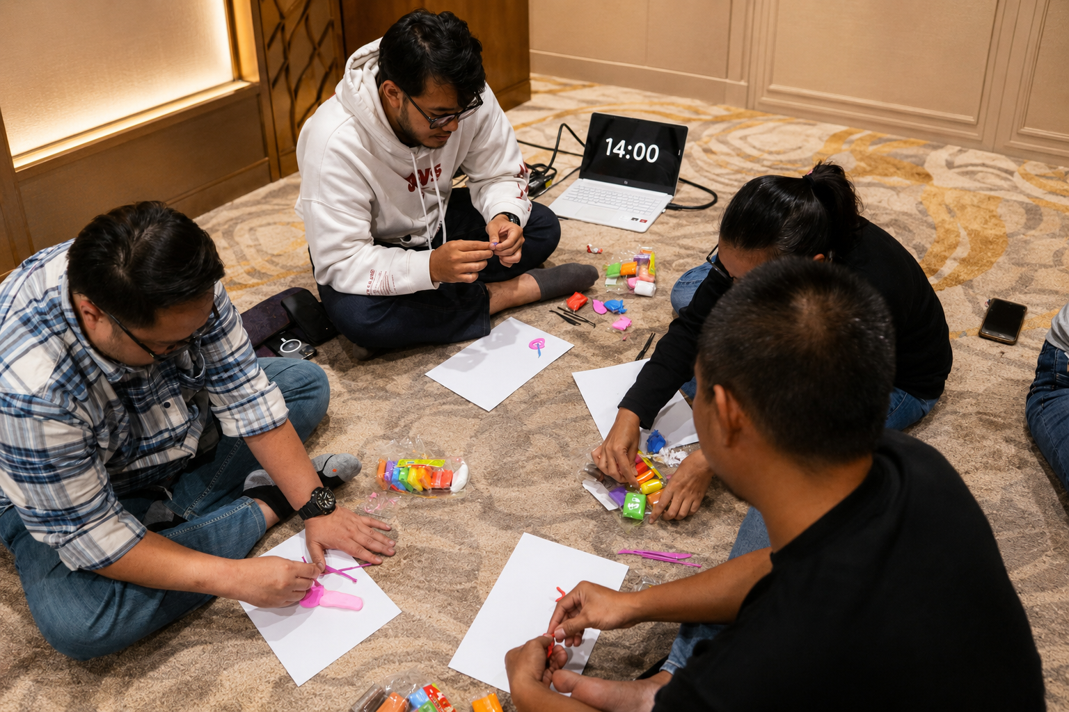 Peserta in-house training korporat sedang terlibat aktif dalam simulasi interaktif berbasis experiential learning untuk meningkatkan kepemimpinan dan kerja sama tim.