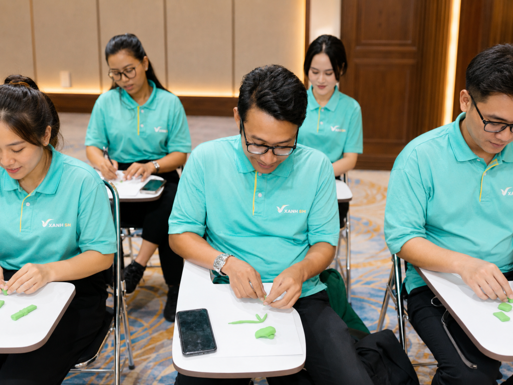 Peserta in-house training korporat sedang terlibat aktif dalam simulasi interaktif berbasis experiential learning untuk meningkatkan kepemimpinan dan kerja sama tim.