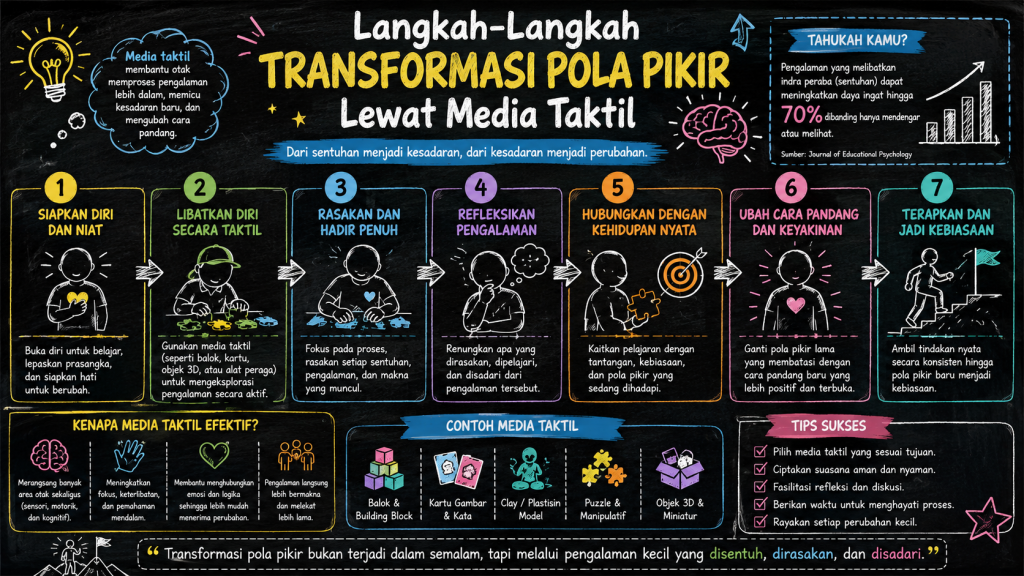Sekelompok karyawan lintas generasi melakukan simulasi taktil experiential learning menggunakan media kreatif di ruang rapat modern.